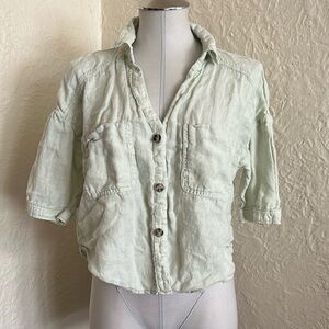 Zara Pale Spring Green Woven Casual Slouchy Short Sleeve Button Up Shirt Large